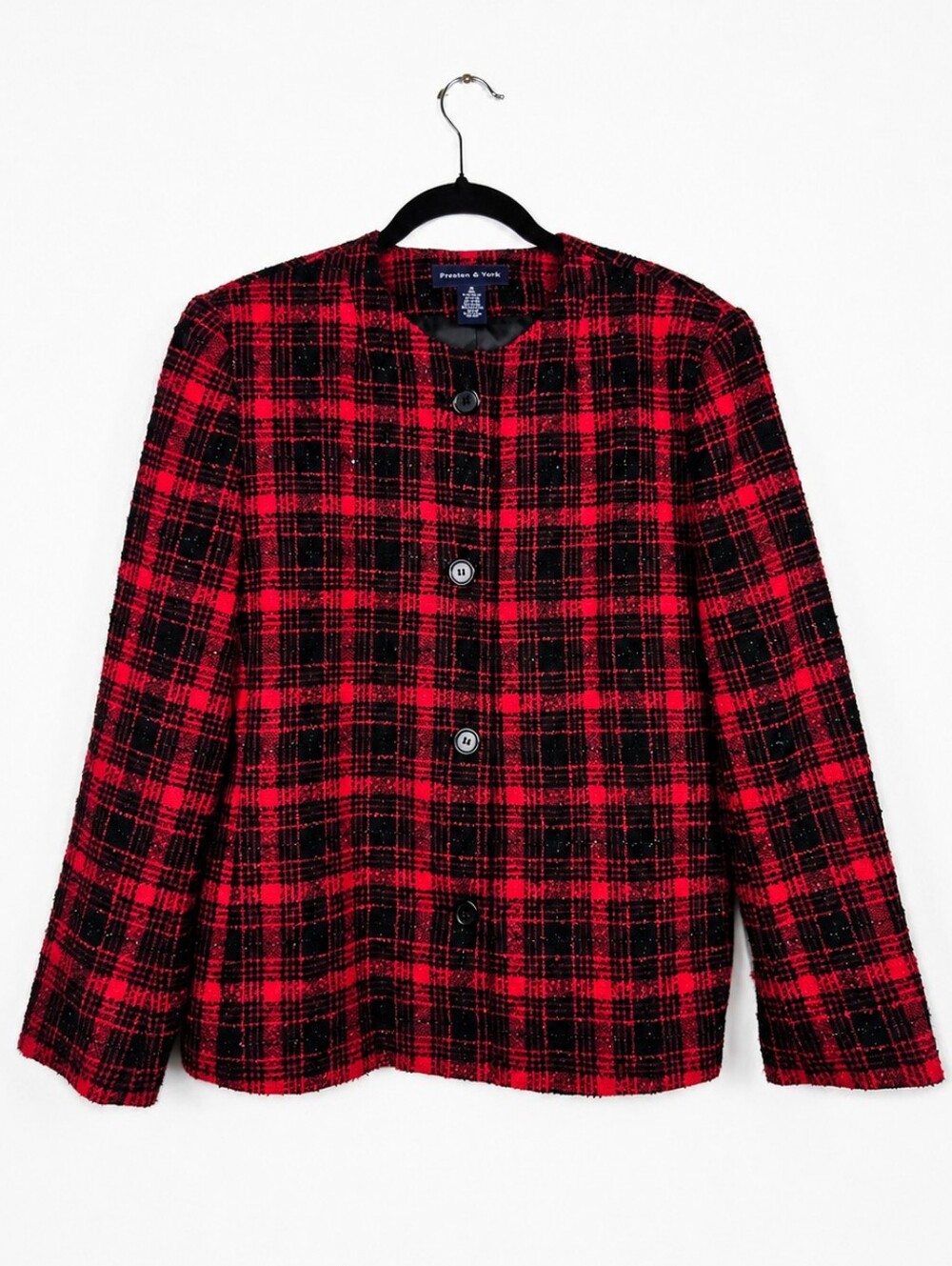 Preston & York 16 Red Black Plaid Wool Blend Tweed Jacket Holiday Tartan Preppy